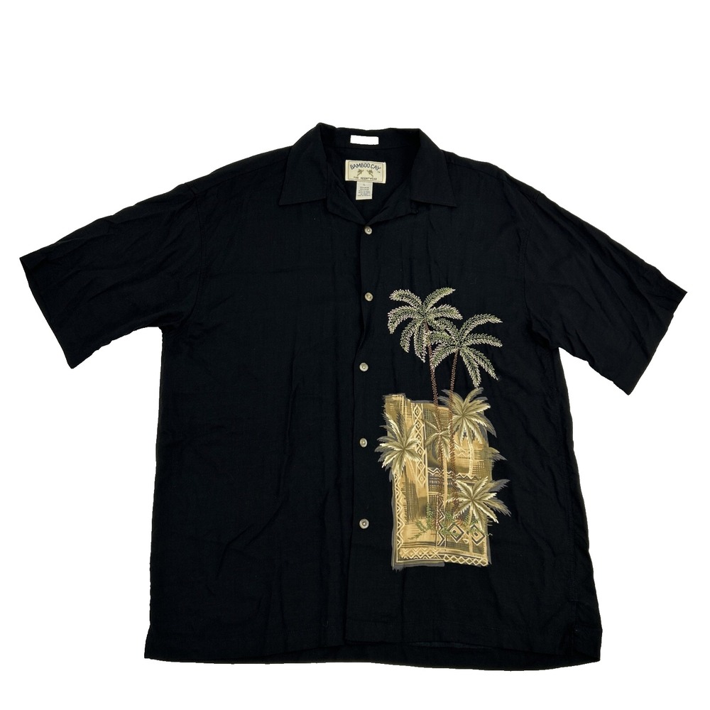 Bamboo Cay Shirt Men's L Black Embroidered Button Up Loop‎ Collar Palm Trees